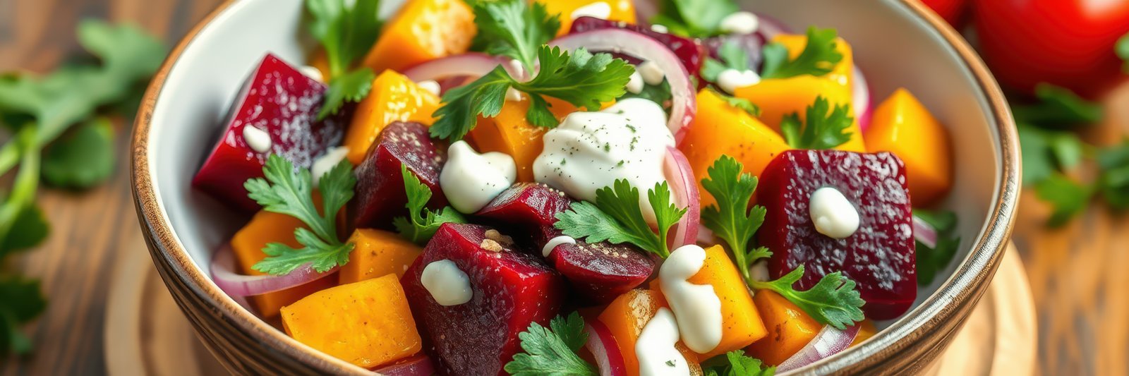 Colorful salad with fresh vegetables and herbs served in a bowl on a wooden table